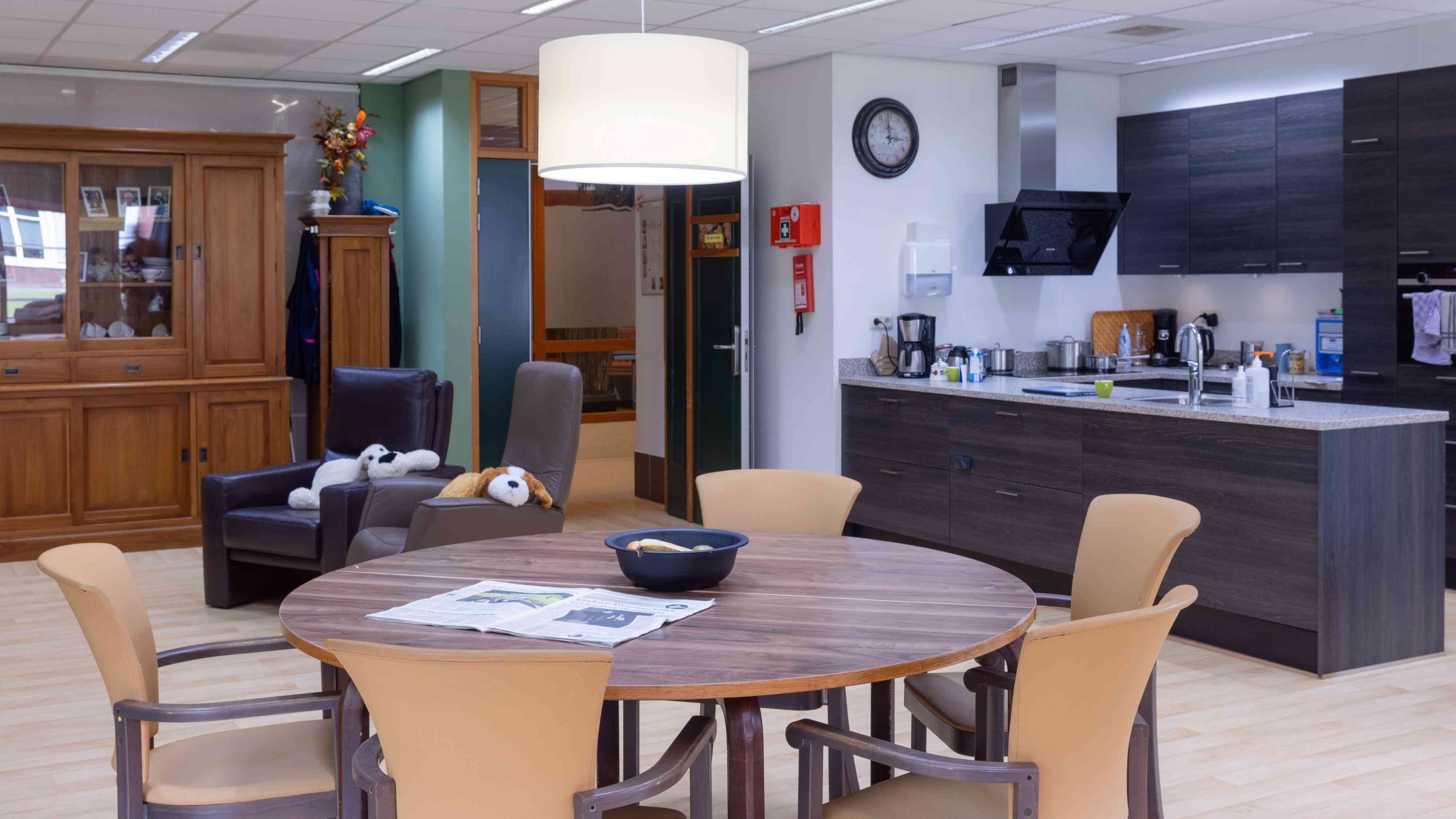 De gemeenschappelijke keuken en eetkamer